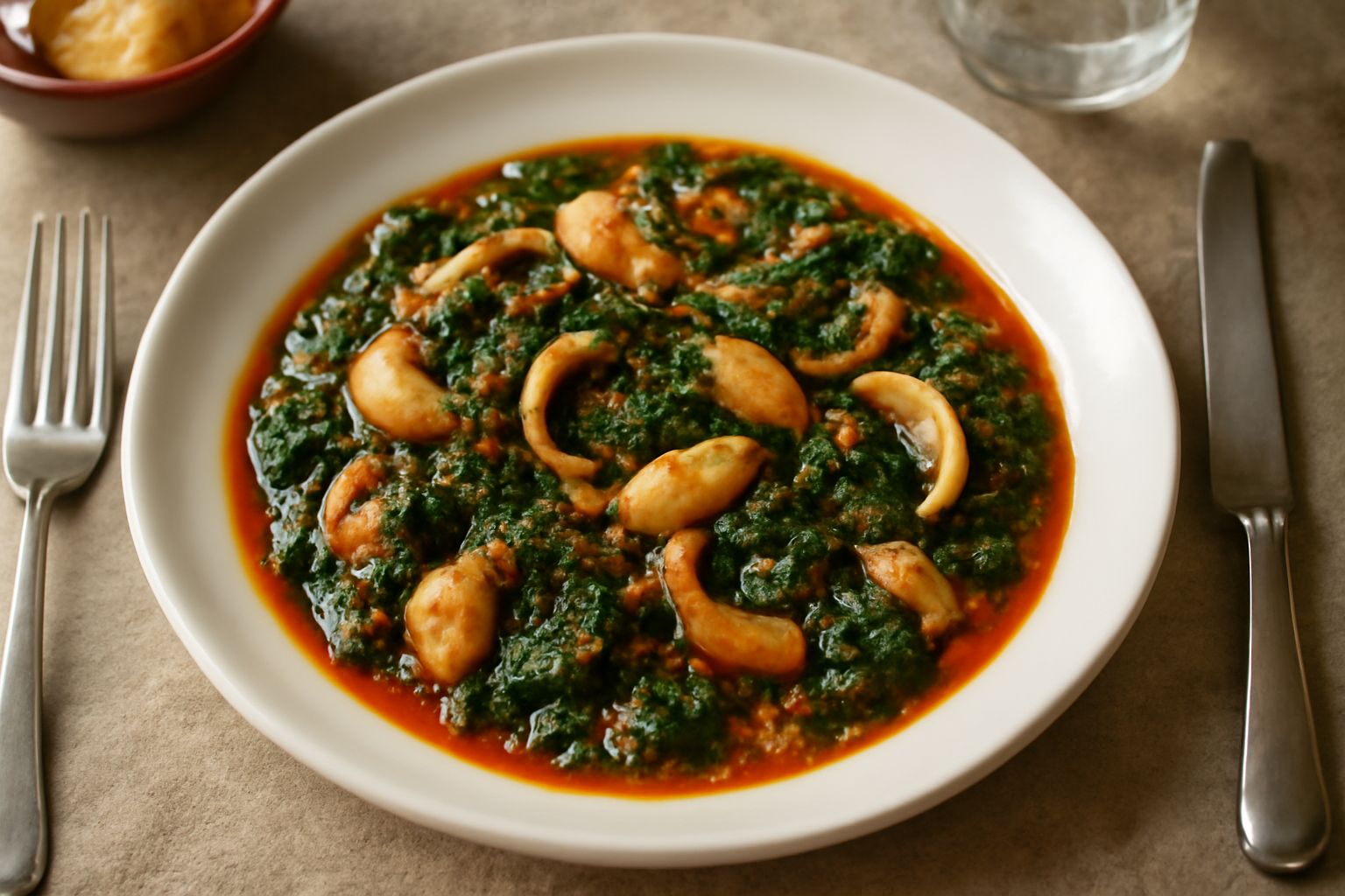 Piatto di seppie in zimino con molluschi teneri e bianchi mescolati a spinaci scuri cucinati in umido, servito in un piatto fondo bianco con salsa rossa di pomodoro, guarnito con prezzemolo verde fres