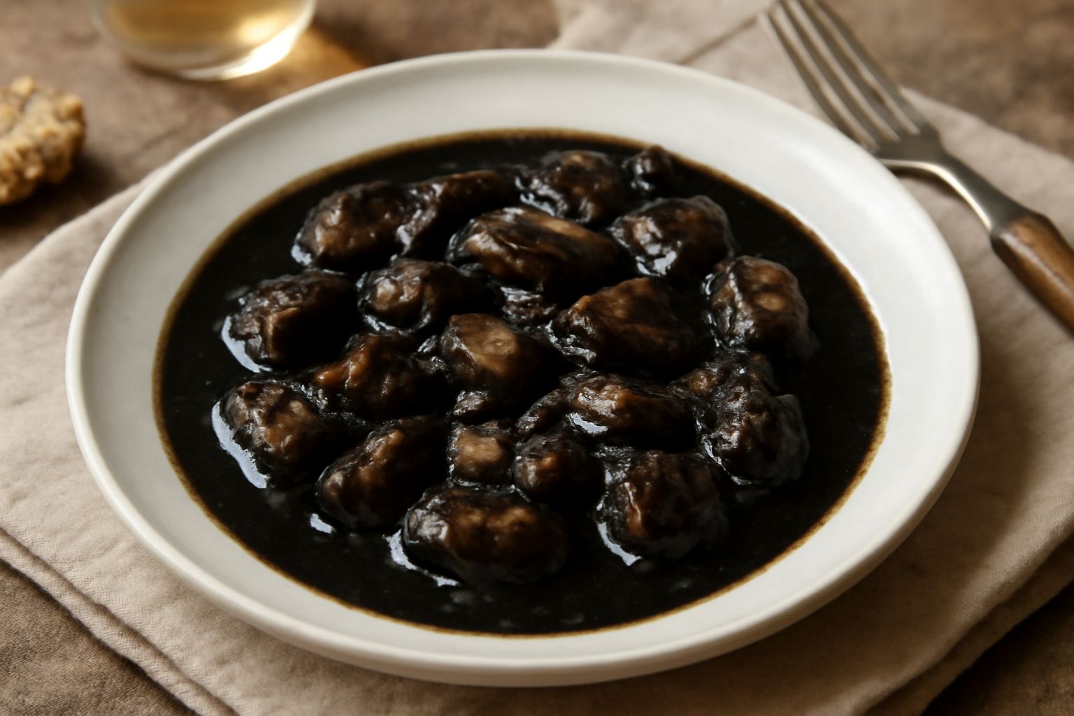 Piatto di seppie nere in umido: corpi di seppia tagliati scuri, immersi in salsa nera densa, con aglio e prezzemolo fresco tritato sulla superficie, servito in bianco piatto fondo