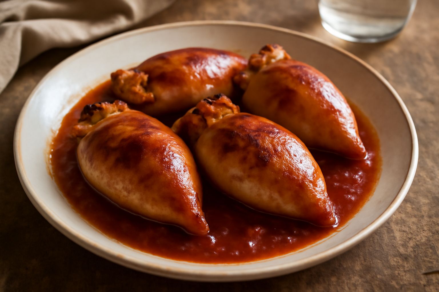 Tre seppie ripiene dorate in tegame di terracotta, immerse in salsa di pomodoro brunastro, con prezzemolo fresco sparso sopra e aglio visibile nel fondo della pentola
