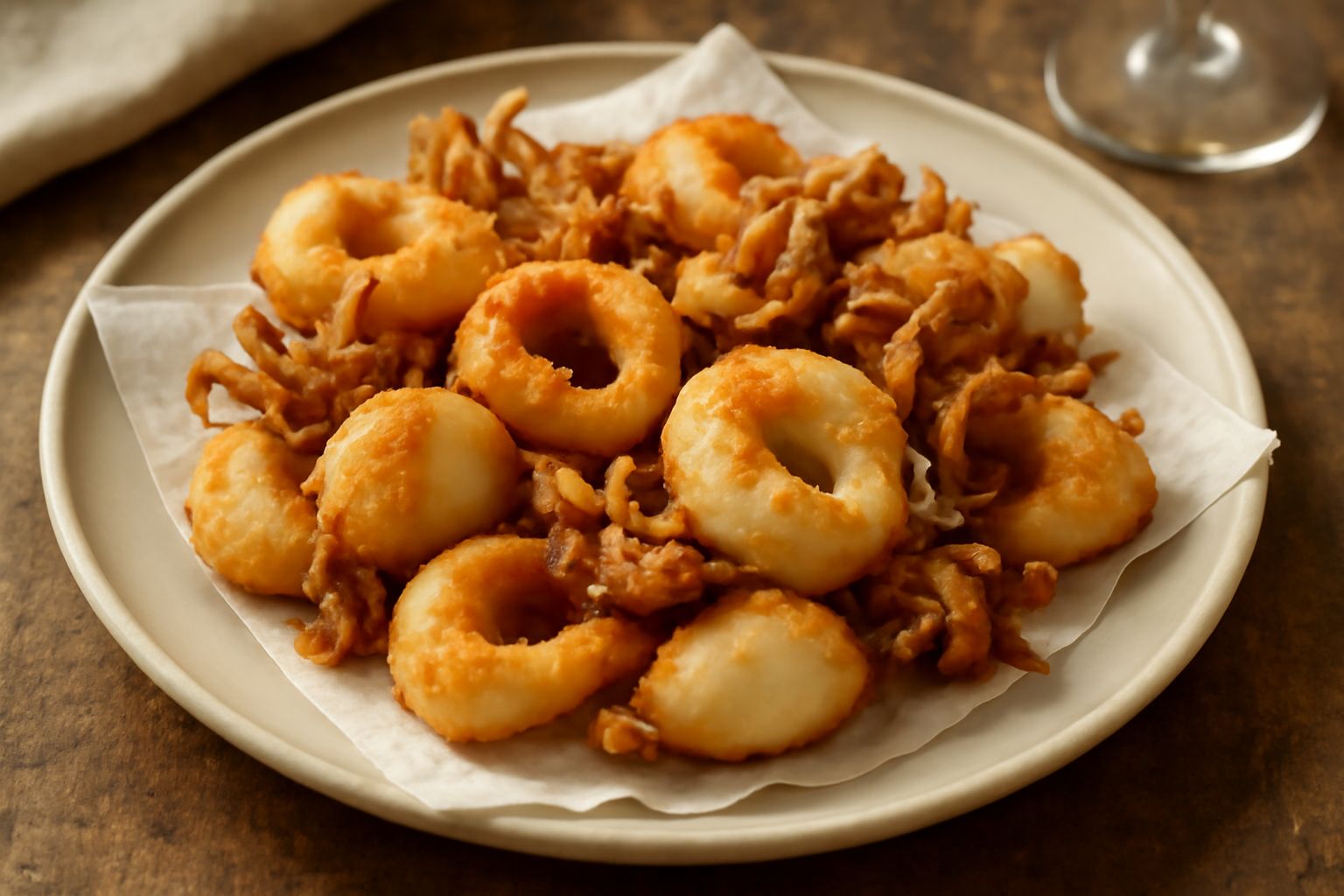Seppioline fritte dorate e croccanti in un piatto bianco, con spicchi di limone fresco, sparse su carta assorbente ancora calda, prese con una pinza d'acciaio