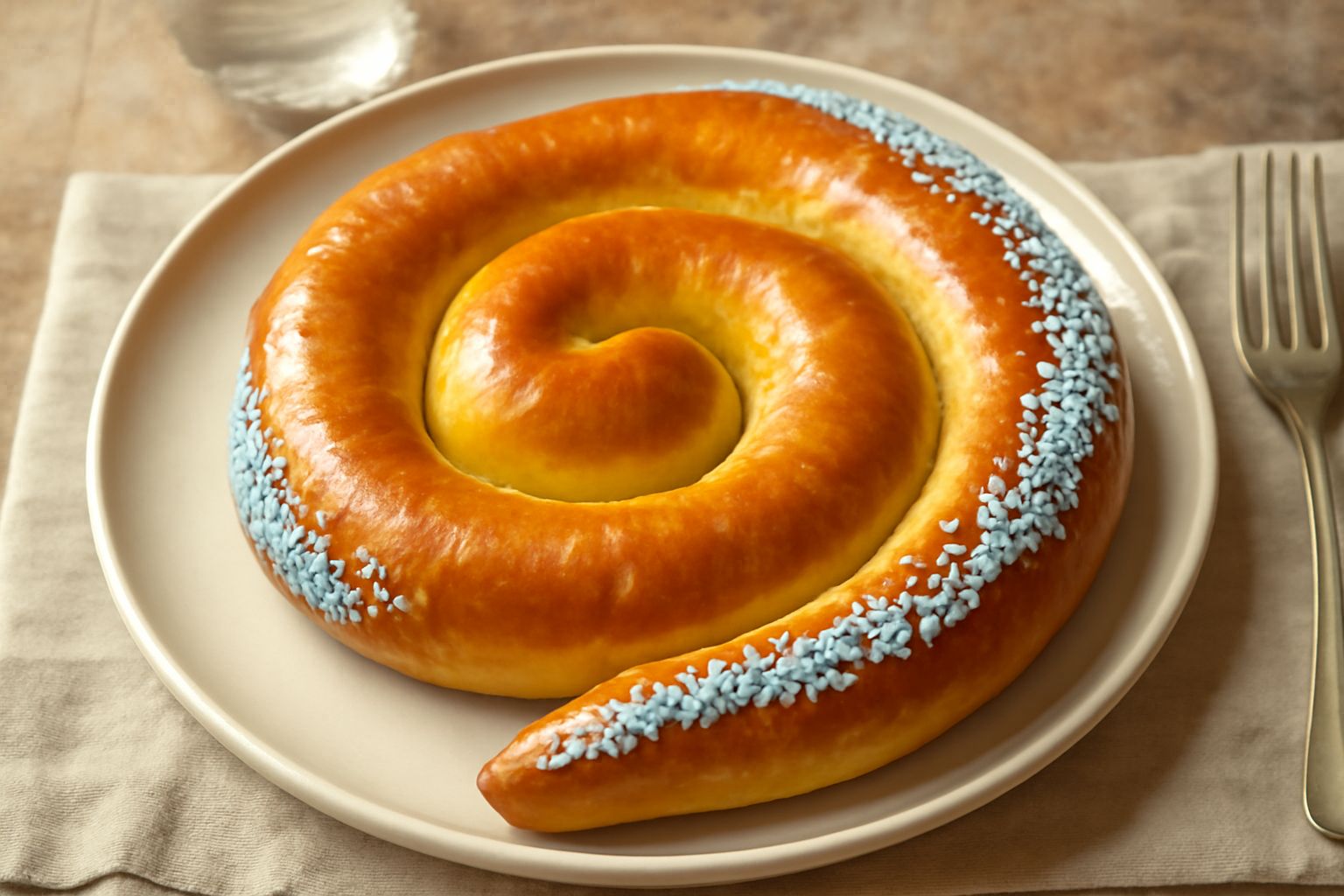 Serpentone di Pasqua dorato avvolto su se stesso a forma di serpente su un piatto bianco, con glassa all'uovo lucida, decorato con granella di zucchero bianca e chicchi di semini variopinti, sfondo ne