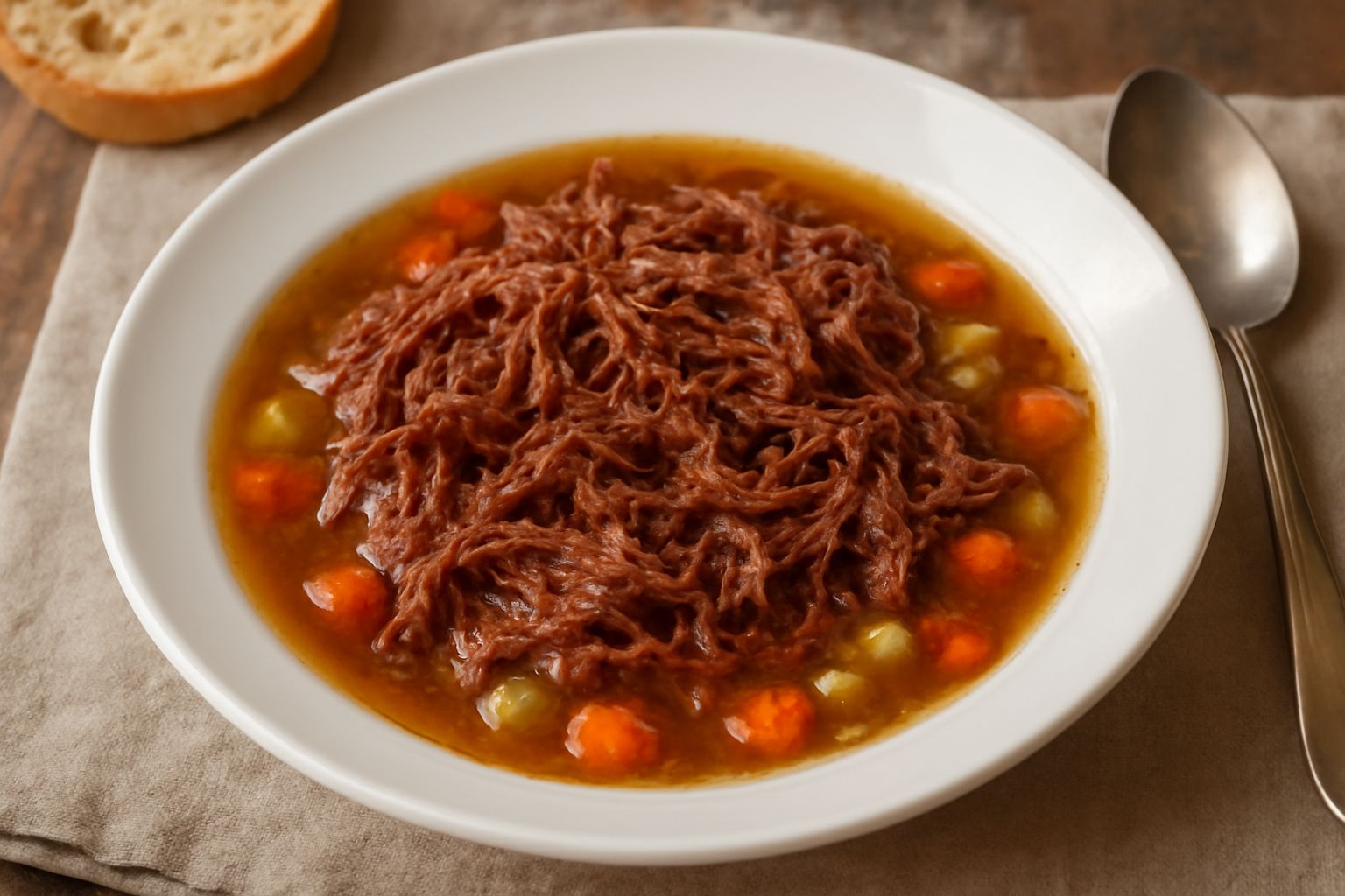 Piatto bianco con sfilacci di cavallo color marrone sfumato, immersi in brodo trasparente, con carote, sedano e cipolle morbide, spolverato di prezzemolo fresco tritato