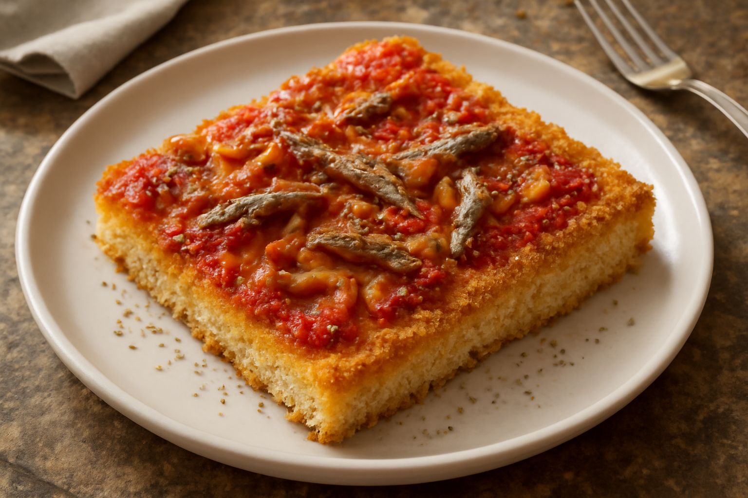 Sfincione con crosta dorata e pangrattato croccante, pomodoro rosso vivo in superficie, cipolla caramellata, su piatto bianco