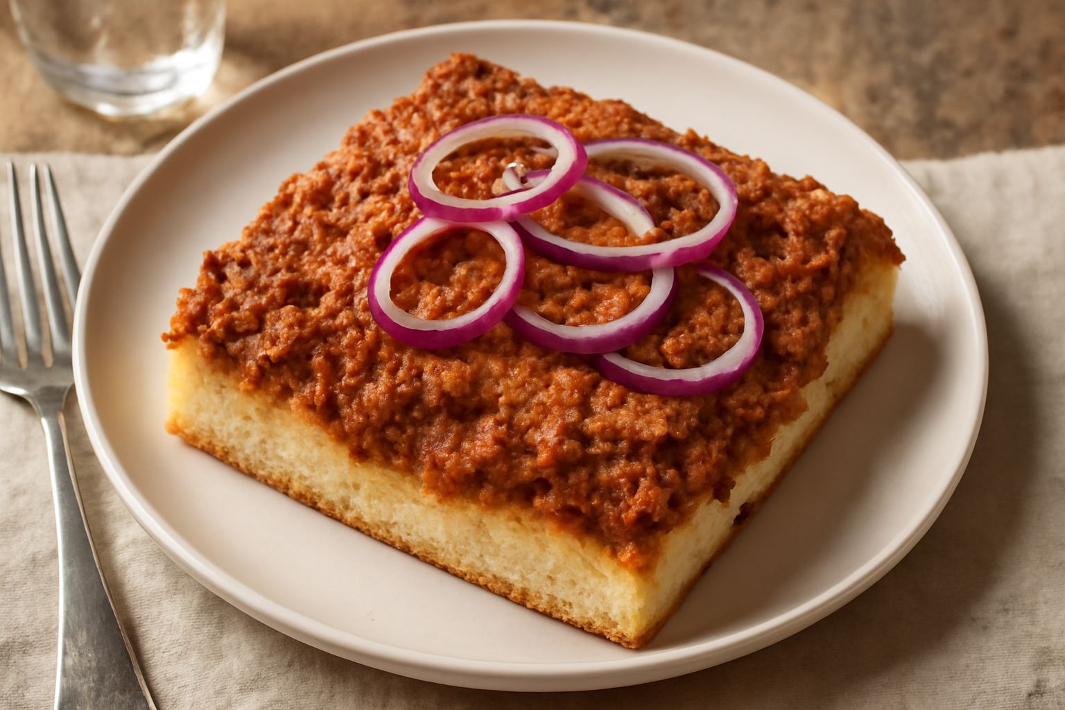 Sfincione al ragù tagliato in quadrati in una teglia rettangolare, con impasto dorato e spesso, ragù rosso scuro ben distribuito, formaggio grattugiato bianco sulla superficie, guarnito con cipolla ro