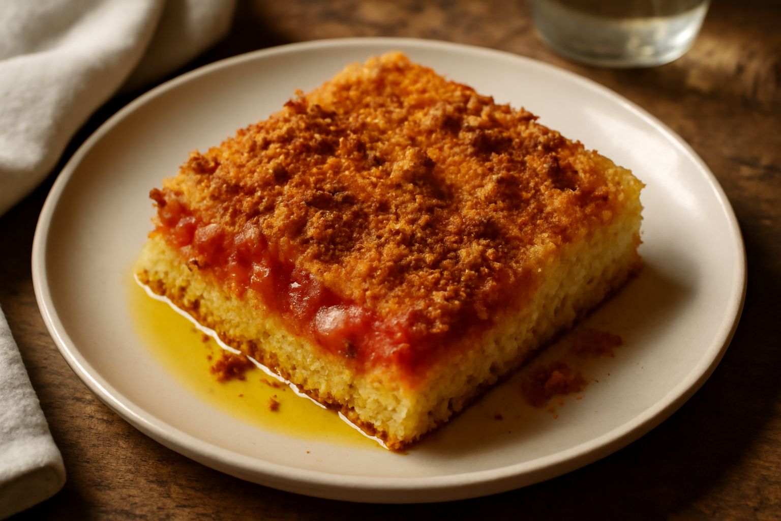 Sfincione barocco rettangolare in teglia, con crosta dorata e croccante, pomodoro rosso vivo, cipolla bianca caramellata, filetti di acciuga scuri e pangrattato dorato sparso in superficie