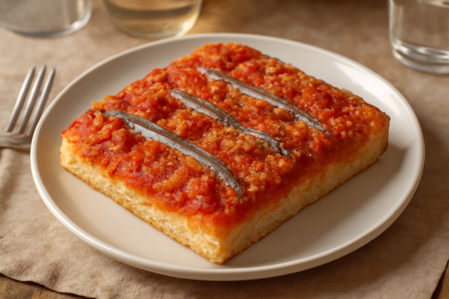 Sfincione catanese appena sfornato su un vassoio bianco, ricoperto di pomodoro rosso brillante, cipolle dorate, acciughe e pangrattato croccante dorato, tagliato in rettangoli