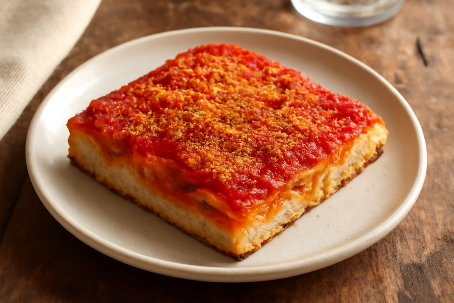 Sfincione quadrato ancora tiepido su un piatto bianco, con copertura dorata di pangrattato, salsa di pomodoro rossa visibile, cipolla caramellata trasparente e filo di olio d'oliva in superficie