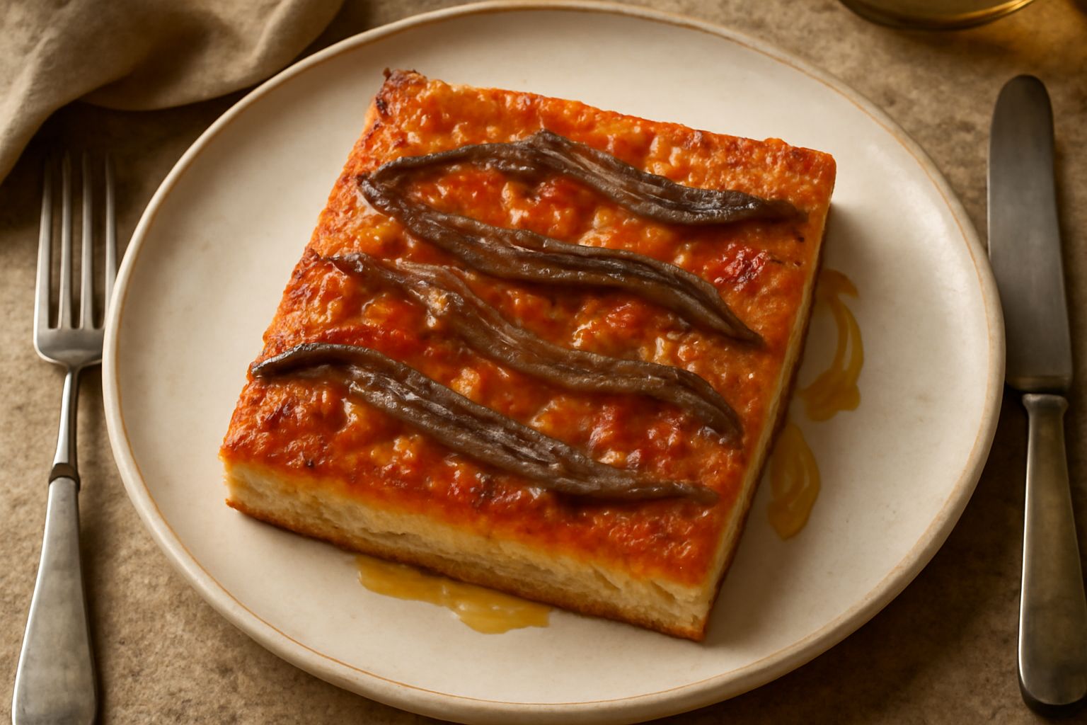 Sfincione appena sfornato in teglia rettangolare, dorato in superficie, coperto di pomodoro rosso vivo, acciughe scure ondulate e cipolla caramellata, olio verde in gocce