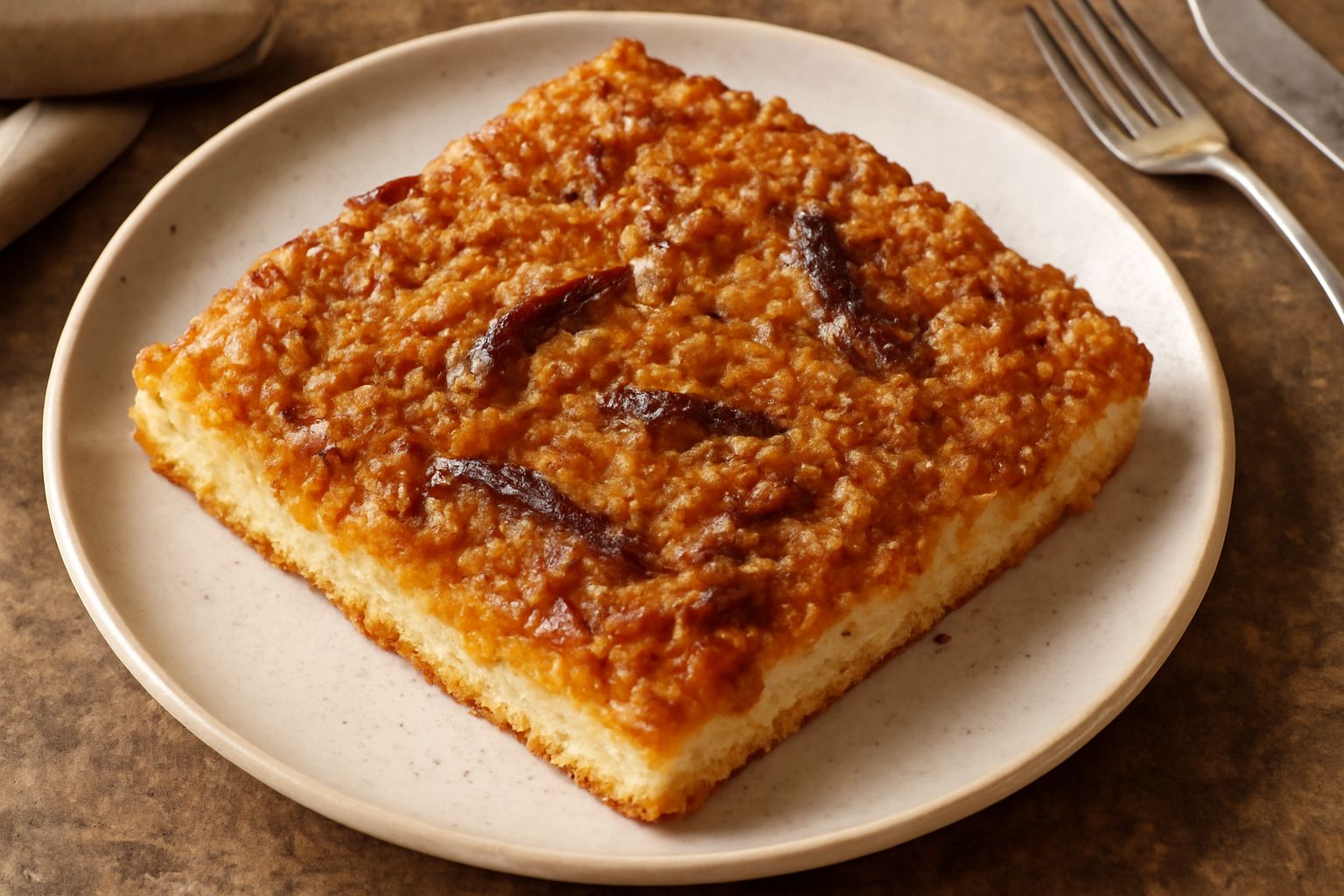 Sfincione crotonese rettangolare dorato, tagliato a porzioni, con cipolla caramellata visibile in superficie, acciughe scure e pangrattato croccante e dorato sui bordi, servito su carta pergamena bian