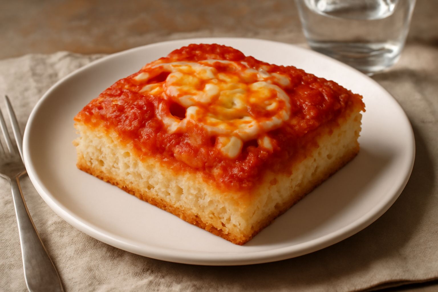 Sfincione di Bagheria appena sfornato, dorato in superficie, ricoperto di salsa di pomodoro rosso, cipolle bianche e formaggio fuso, tagliato a rettangoli su una teglia, con le cipolle visibili in pri