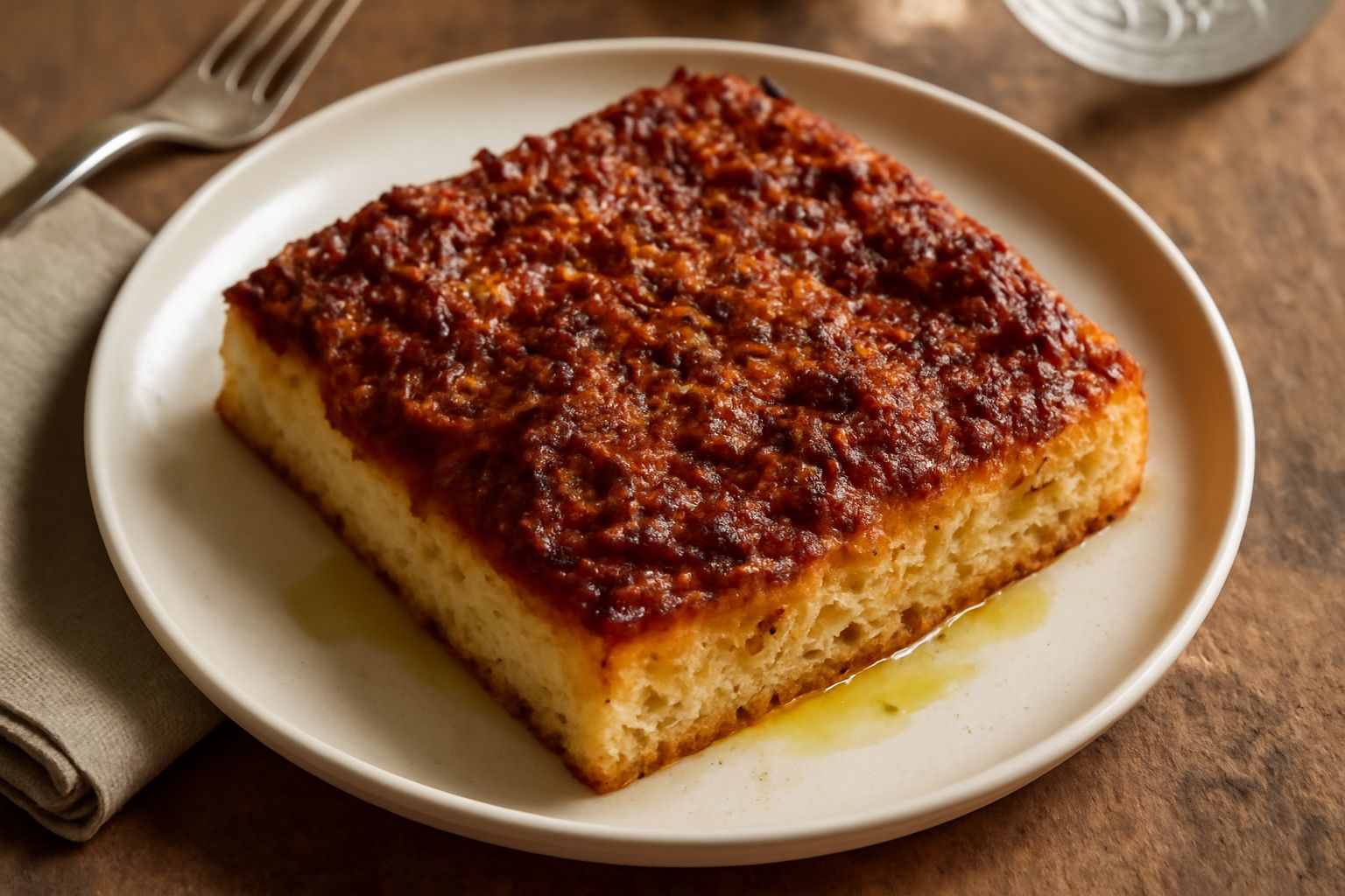 Sfincione di Modica tagliato a porzioni rettangolari, dorato in superficie, coperto da cipolla rosso scuro, salsa di pomodoro e formaggio grattugiato, su un piatto bianco