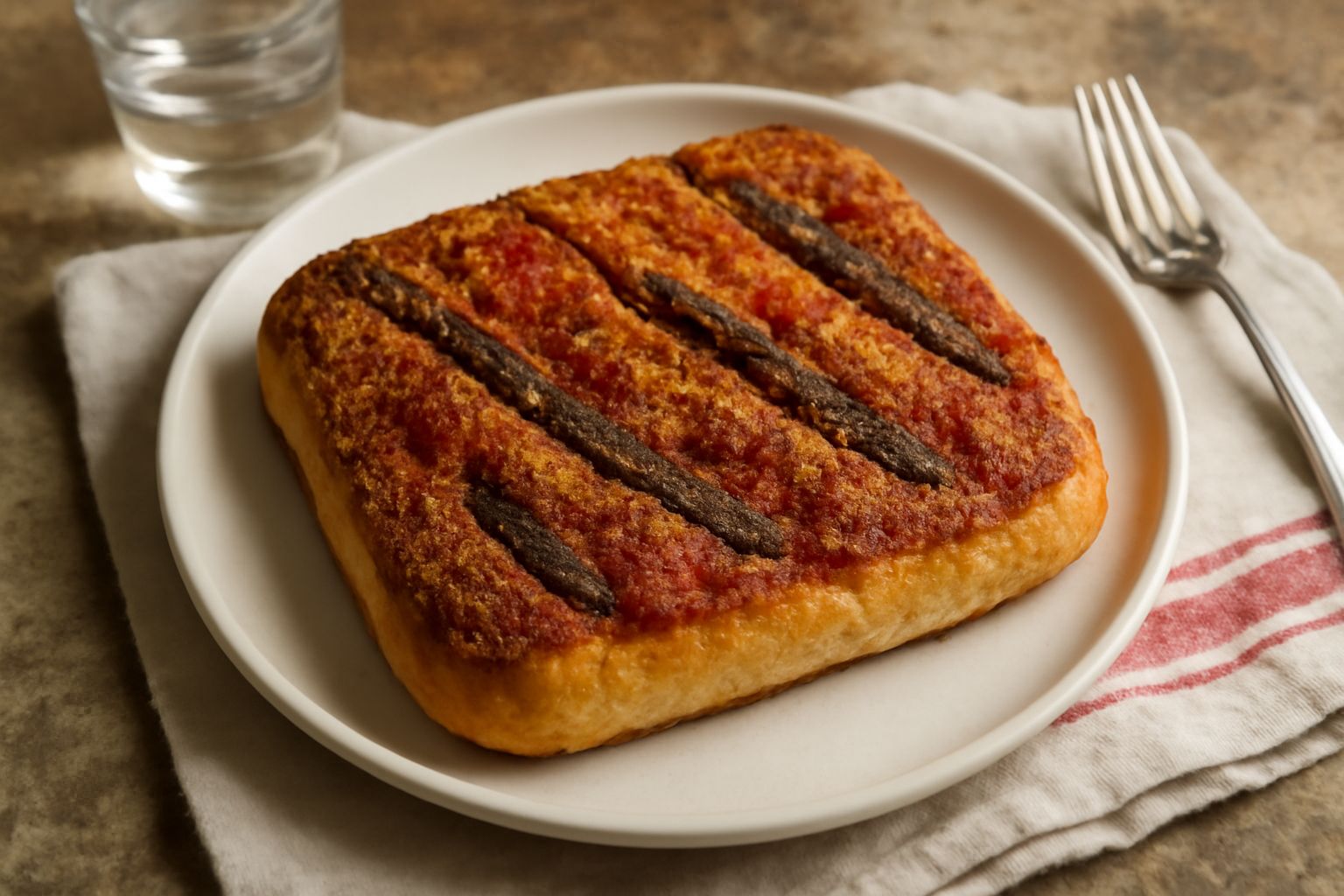 Sfincione appena sfornato in teglia, dorato e croccante, con pomodoro rosso brillante, striscie di acciughe scure e pangrattato tostato sparso in superficie