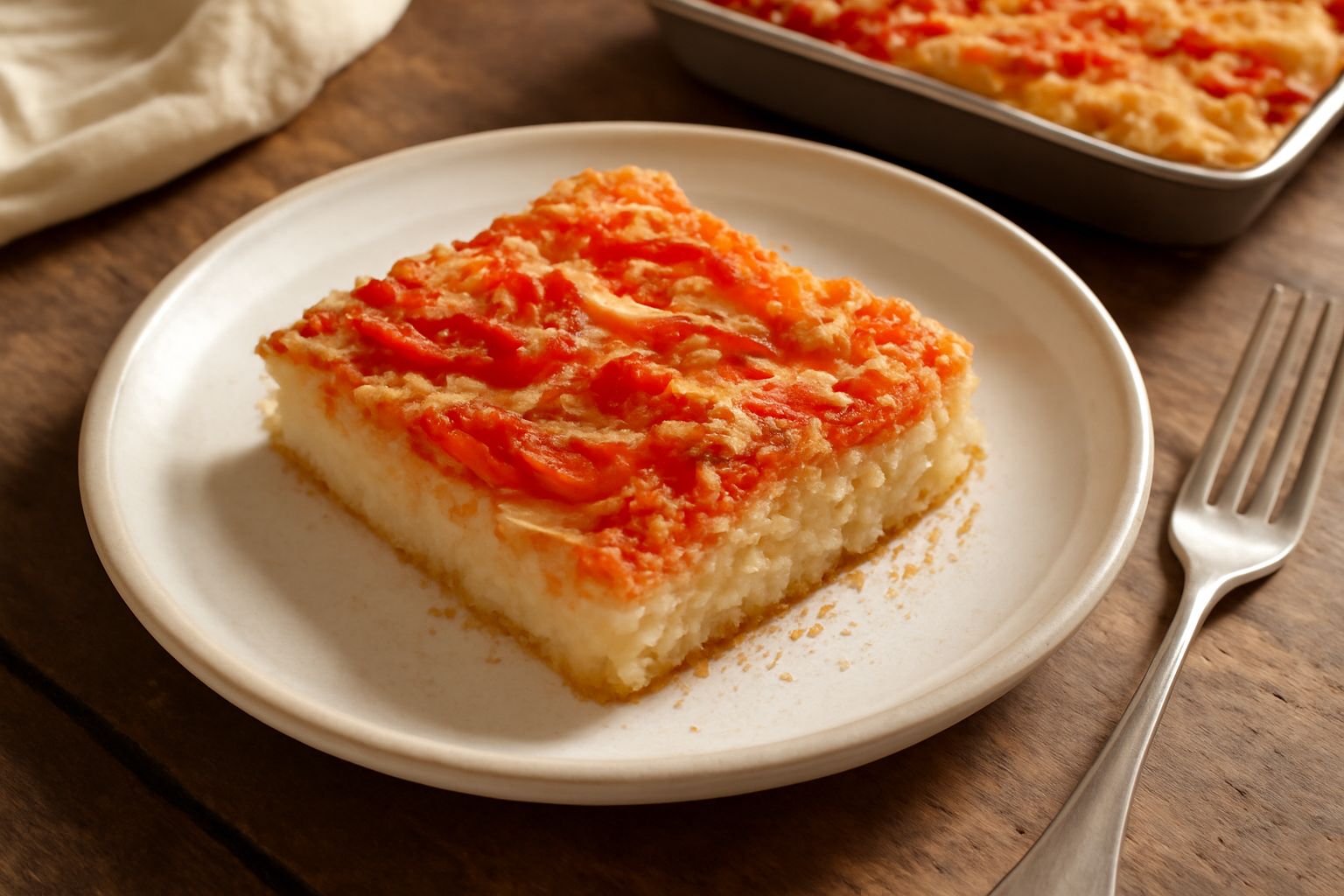 Sfincione appena sfornato in teglia rettangolare, coperto di pangrattato dorato, con strisce di pomodoro e cipolle caramellate visibili in superficie, tagliato a quadrati