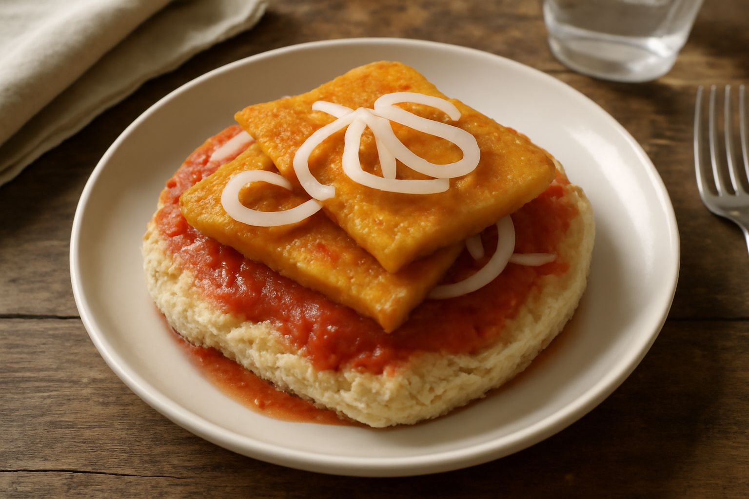 Sfincione di panelle servito in un piatto bianco: panelle dorate e croccanti appena fritte, poggiate su pane morbido, guarnite con cipolla bianca fresca e salsa rossa, con una spruzzata di sale marino