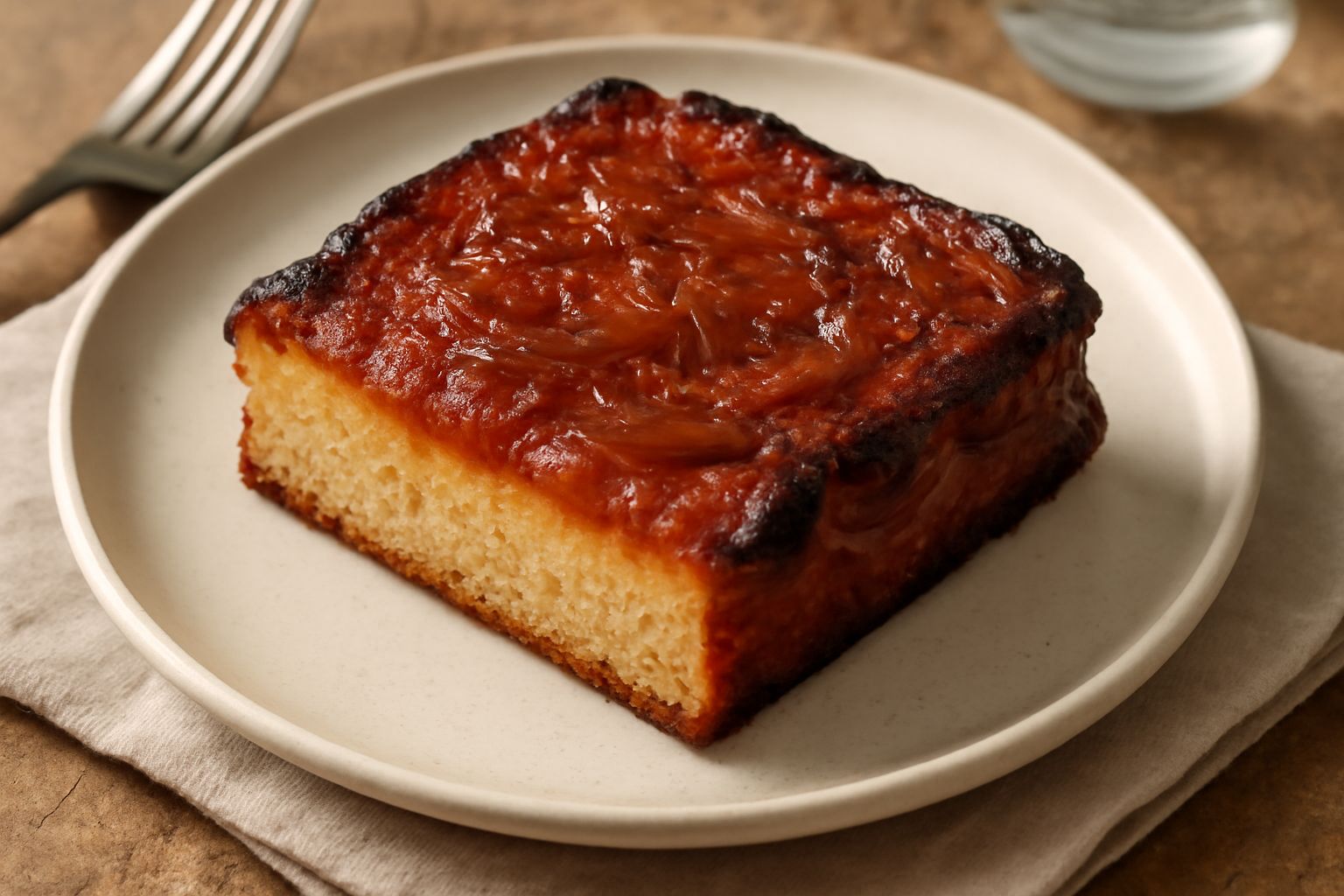 Sfincione di semola rettangolare su teglia nera, crosta dorata e brillante, coperto di salsa di pomodoro rosso scuro, cipolla caramellata trasparente e fiocchi di sale marino, tagliato in due quadrott