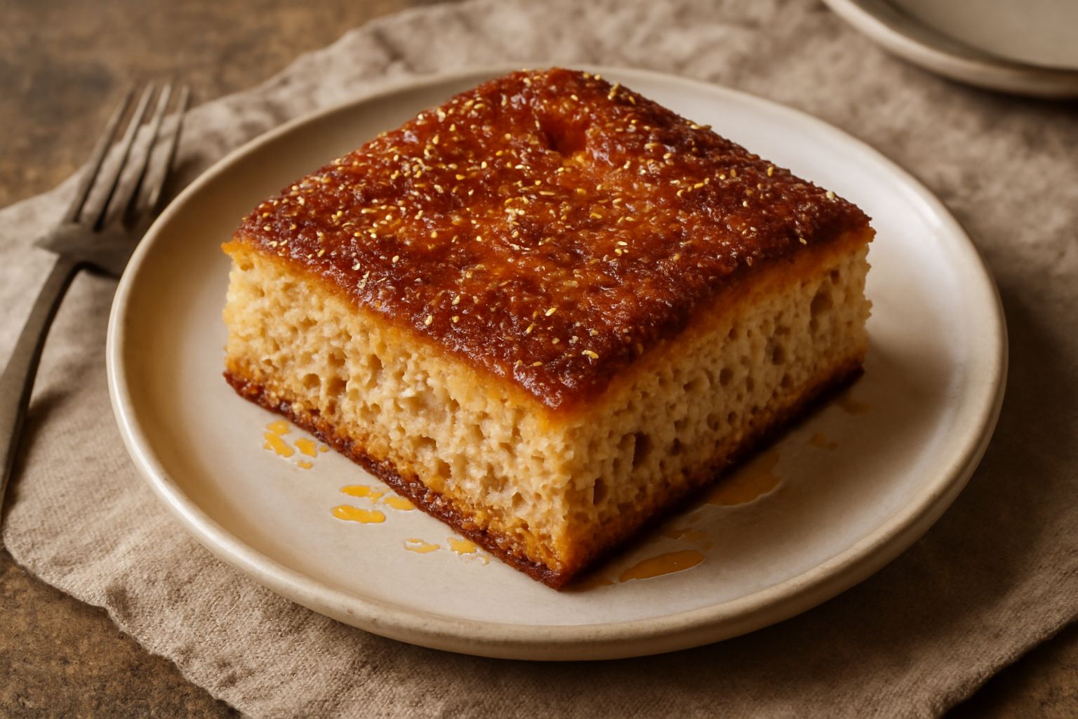 Sfincione dolce appena sfornato, quadrato, con superficie dorata e caramellata coperta da cristalli di zucchero irregolari e filamenti di miele, tagliato a pezzi su un piatto bianco