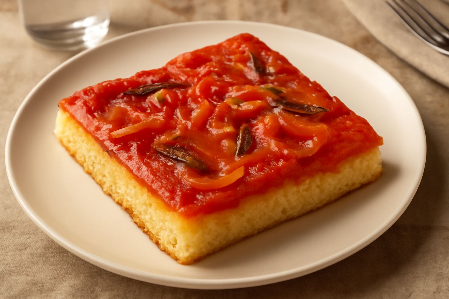 Sfincione freddo rettangolare su piatto bianco, con impasto giallo dorato, copertura rossa di pomodoro e cipolle bianche, condito a rilievo, tagliato a porzioni quadrate