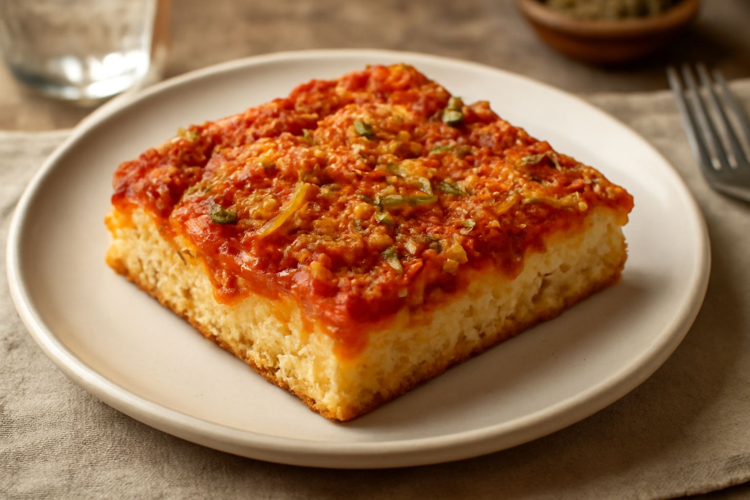 Sfincione in teglia tagliato a pezzi quadrati, con crosta dorata, condimento rosso di pomodoro e cipolle, su teglia da forno in primo piano