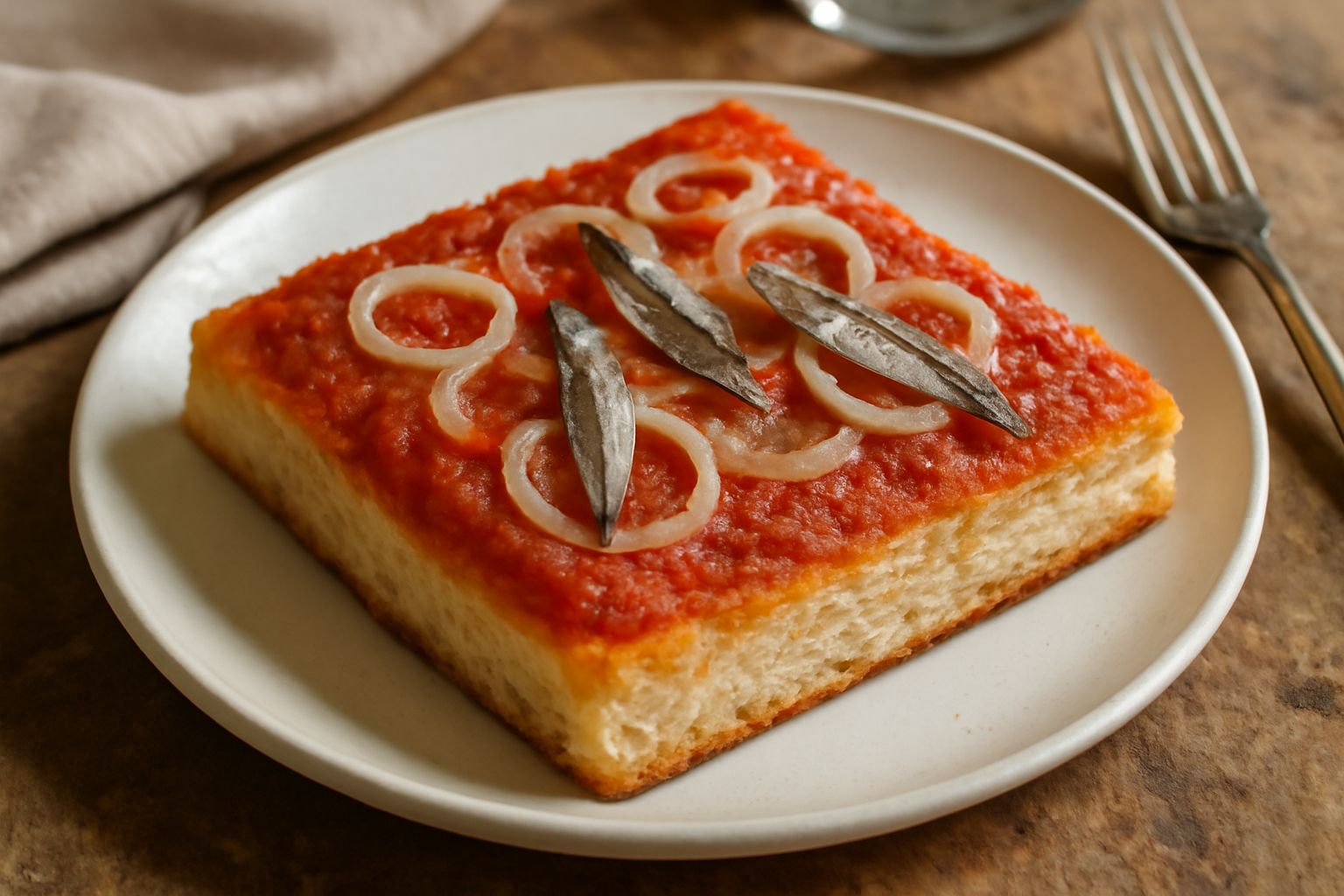 Sfincione marsalese al forno, rettangolare, con crosta dorata e gonfia, ricoperto di pomodoro rosso, cipolla bianca trasparente e acciughe argentate, tagliato in quadrati su un vassoio di ceramica
