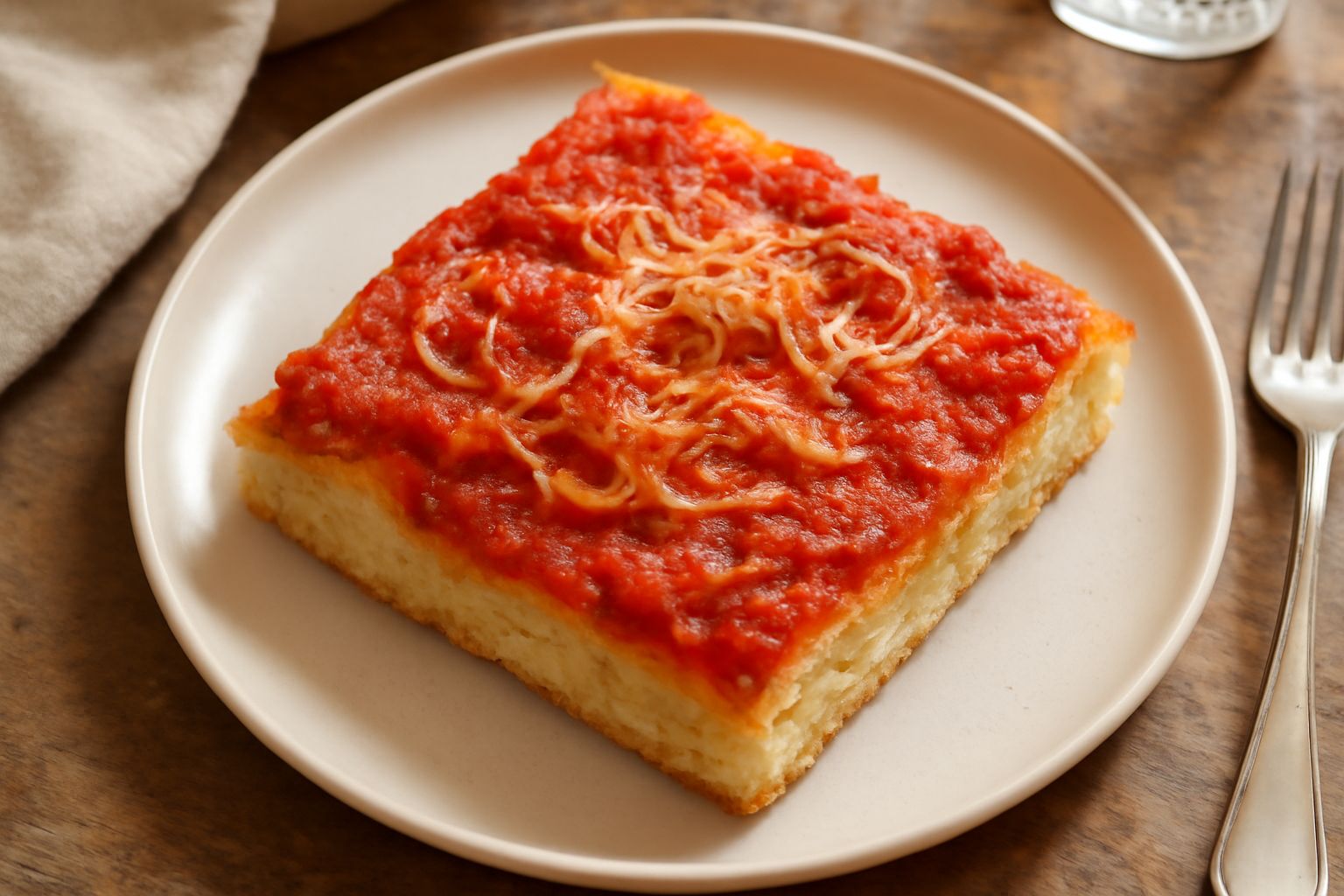 Sfincione messinese quadrato tagliato a fette, con impasto dorato e croccante, condimento rosso di pomodoro, cipolla bianca e filamenti di acciughe salate, servito su piatto bianco