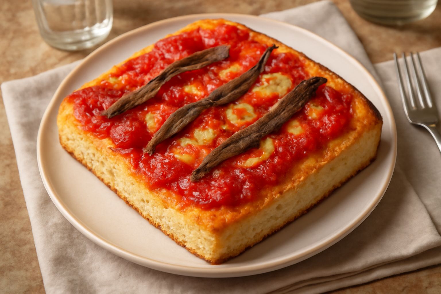 Sfincione modicano caldo appena sfornato, dorato e croccante in superficie, tagliato a quadrati, con pomodoro rosso vivo, cipolla morbida e formaggio filante visibile nei bordi, su un piatto di cerami