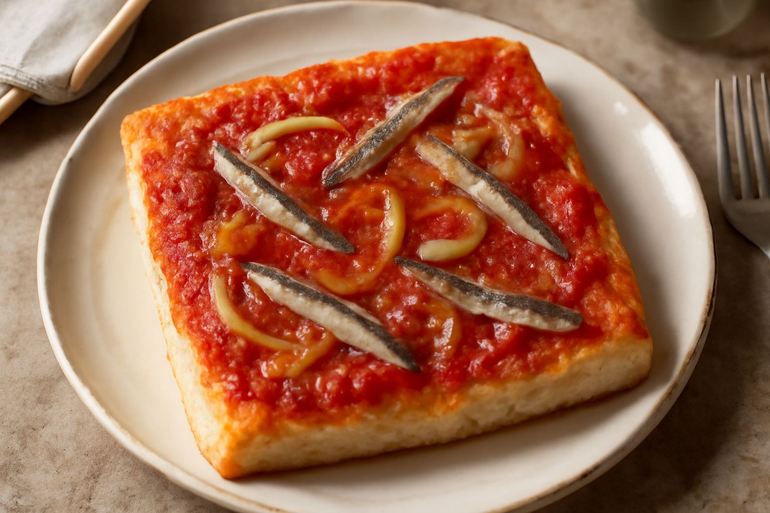 Sfincione ragusano tagliato a rettangoli su tavola di legno, superficie dorata con pomodoro rosso vivo, cipolla gialla caramellata e acciughe grigie, olio lucente in superficie