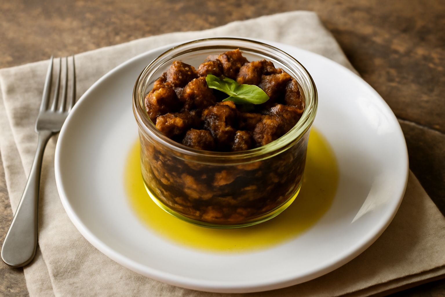 Barattolo di vetro con sfincione sott'olio: verdure fritte di colore marrone-dorato immerse in olio d'oliva trasparente, giallo paglierino, con erbe aromatiche in superficie e sfondo bianco