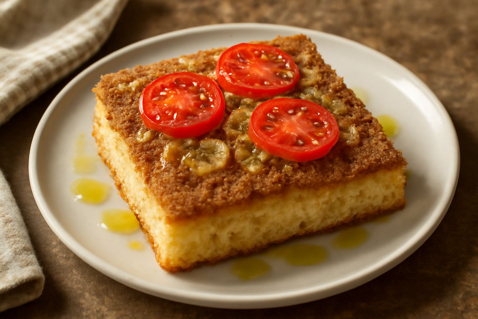 Sfincione trapanese rettangolare su tavolo di legno: focaccia dorata e spessa coperta di pangrattato marrone, scaglie di cipolla caramellata, fette di pomodoro rosso, aneto verde fresco, olio d'oliva 