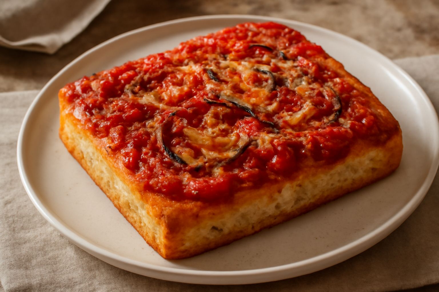 Sfinciuni rettangolari dorati con condimento rosso di pomodoro, cipolla gialla caramellata, acciughe grigie e briciole di pangrattato bianche, tagliati a porzioni su tavolo di legno scuro