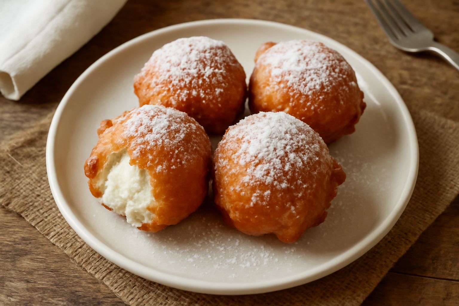 Sfinciuni di ricotta dorati poggiati su un piatto bianco, ricoperti di zucchero granulato, con uno tagliato a meta che mostra il ripieno di ricotta cremosa all interno