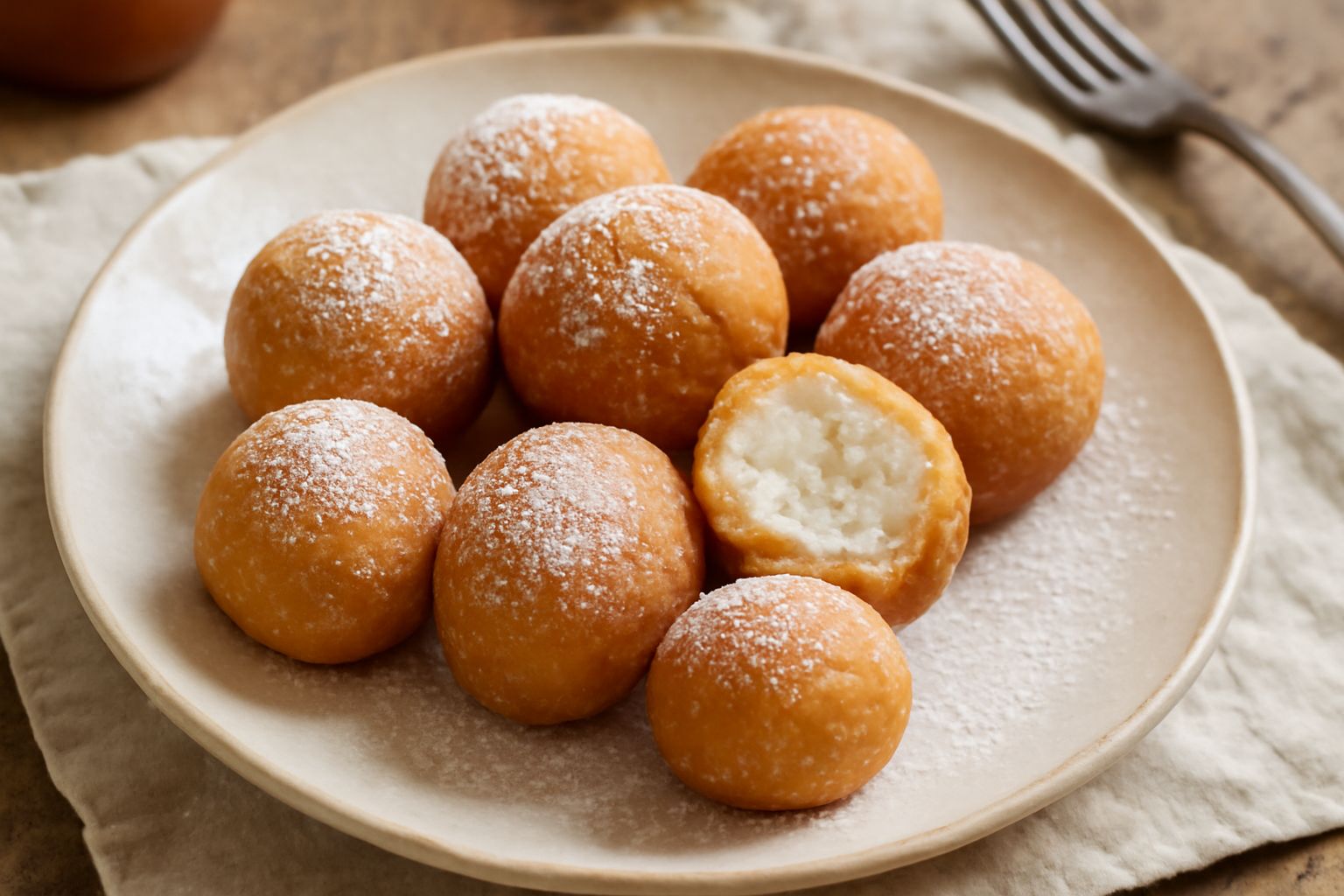 Tre sfinge dorate e croccanti su un piattino bianco, ricoperte leggermente di zucchero a velo, con ricotta cremosa bianca visibile dal ripieno, su fondo grigio in luce naturale