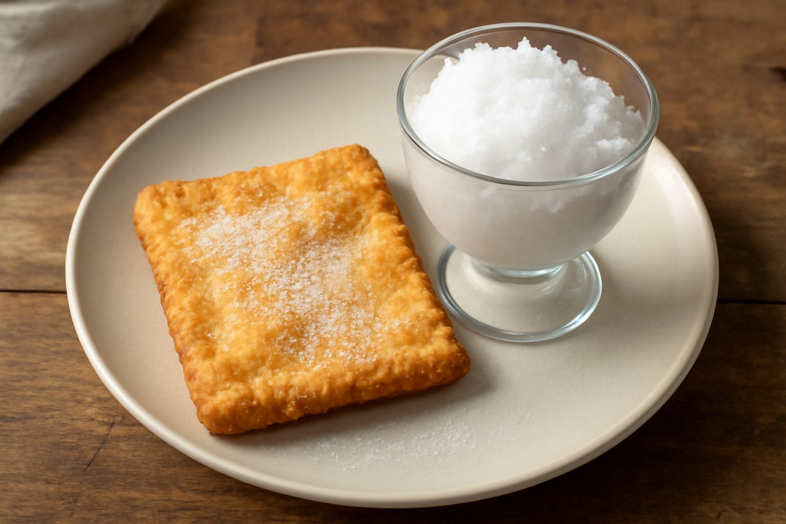 Due sfingi dorate squadrate su piatto bianco, guarnite con granita di limone ghiacciata in coppetta di vetro, bordo della tavola con cucchiaino e tovaglietta leggera