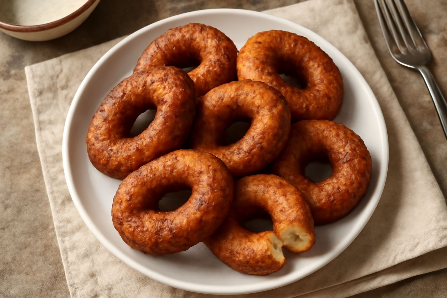 Tre sfingi dorate e croccanti su un piatto bianco, ricoperte di ricotta bianca e filamenti di miele dorato, con qualche goccia di miele che cade dal cucchiaio