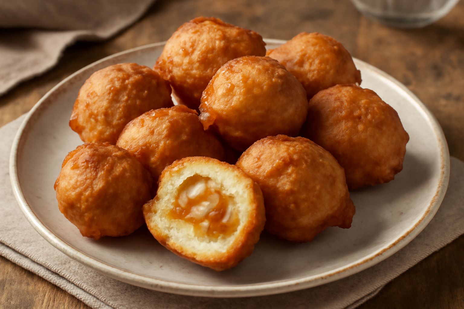 Tre sfingi ca' cipudda dorate e croccanti su un piatto bianco, tagliate a metà per mostrare il ripieno di cipolla caramellata marrone chiaro, ancora fumanti