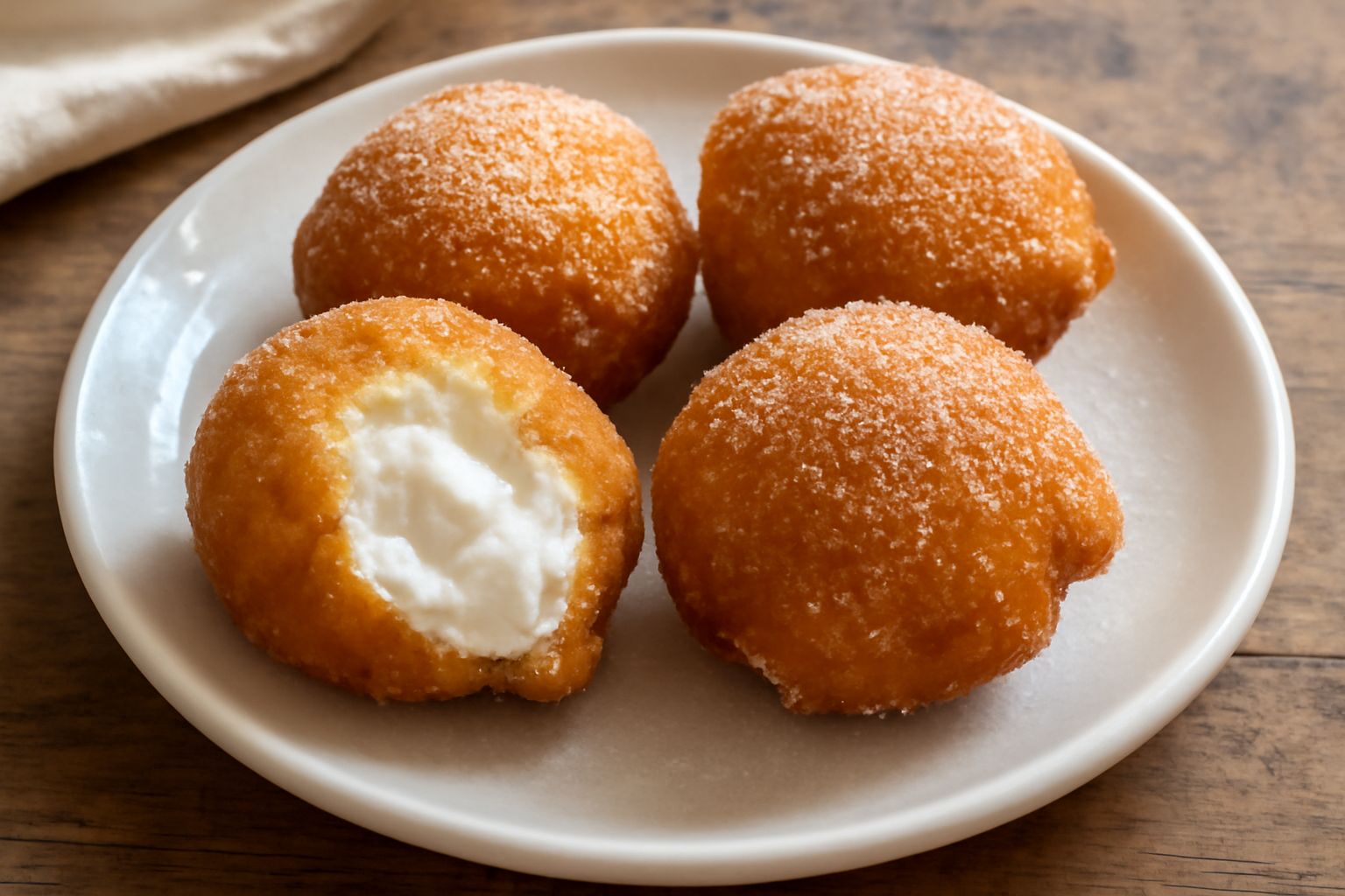 Tre sfingi ca ricotta dorate e fragranti, posti su un piatto bianco, con grani di zucchero semolato visibili, ricotta cremosa che esce dal taglio laterale, fondo di tavolo in legno scuro