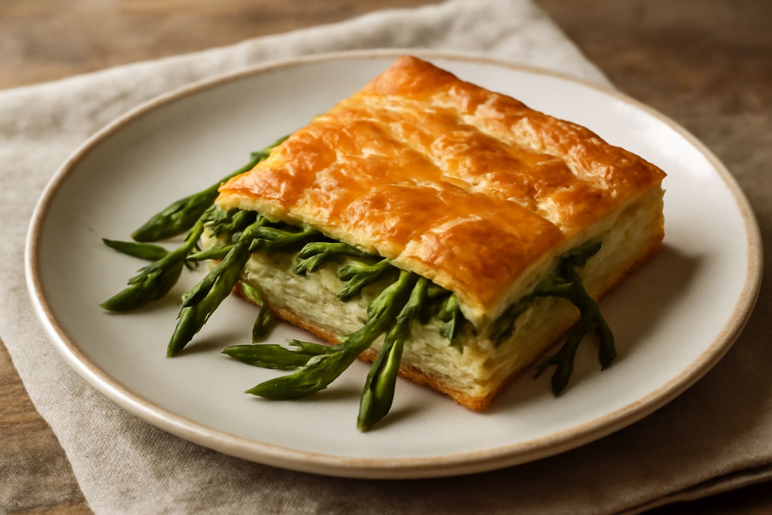Sfoglia quadrata dorata e croccante servita in piatto bianco, ripiena di bruscandoli verdi e morbidi, con filo di olio extravergine e pepe nero in superficie, contorno di insalata fresca.