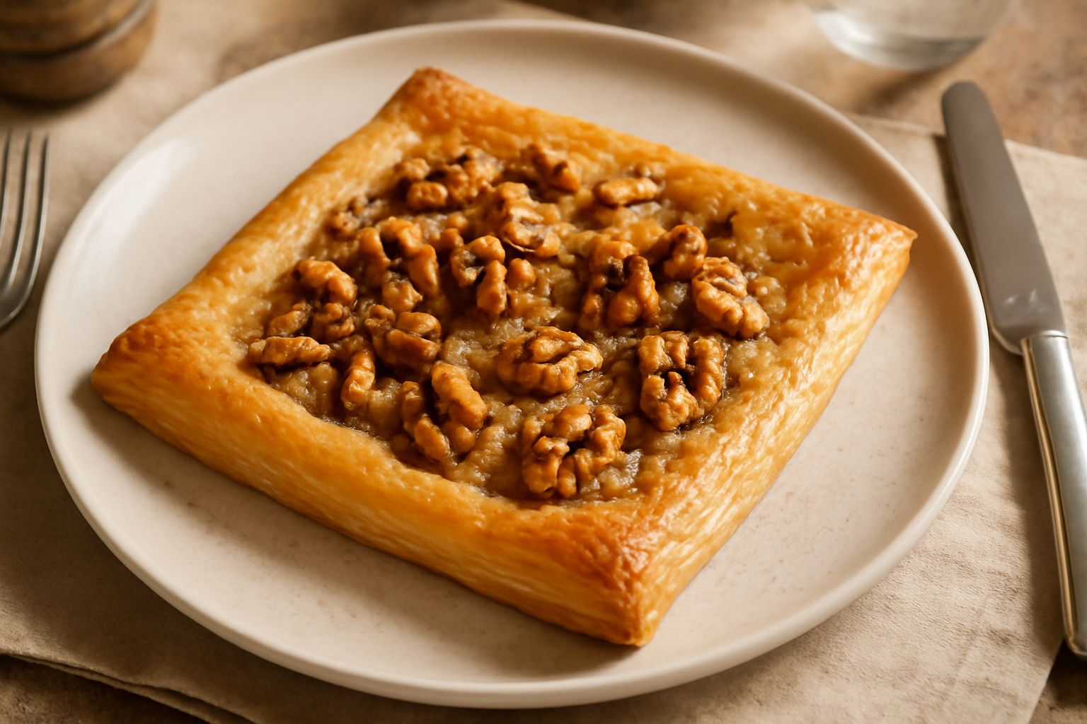 Sfoglia dorata e croccante con noci tagliate a pezzi, spolverate di zucchero di canna, presentata su un piatto bianco con una tazza di caffè accanto