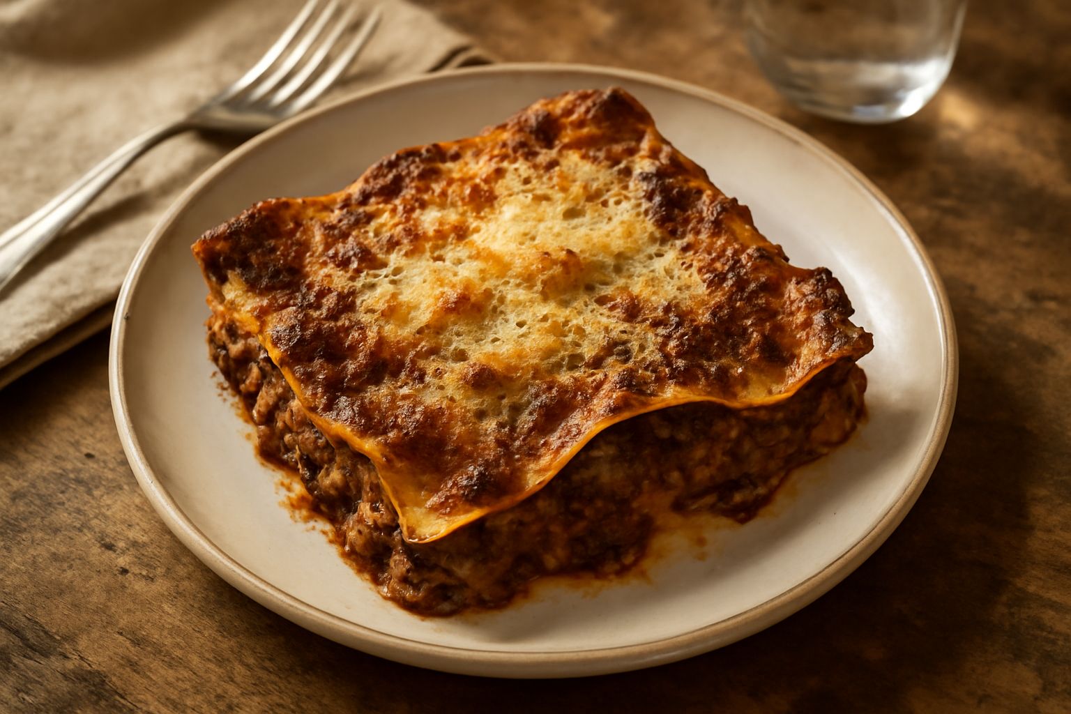 Sfoglia con ragù al forno in piatto bianco, con pasta sottile dorata e ragù di carne visibile fra i strati, gratinata in superficie, accompagnata da cucchiaio di legno
