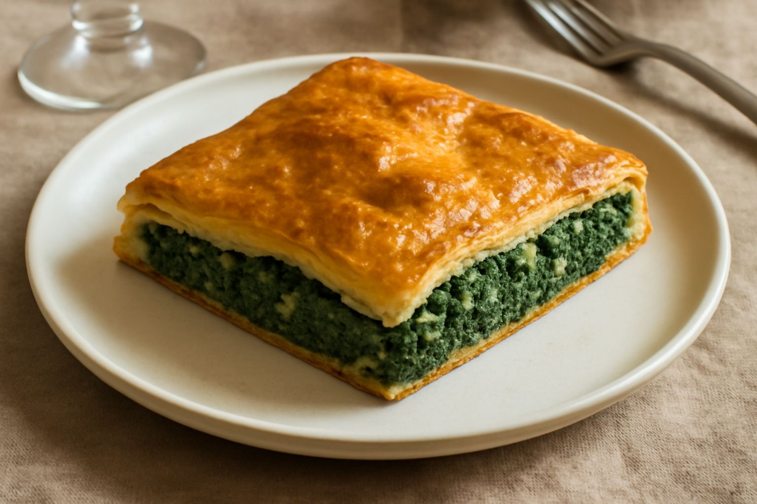 Sfoglia dorata e croccante con ripieno di erbette verdi, tagliata a fette, mostra il ripieno compatto all'interno. Piatto bianco, sfondo chiaro, una fetta con ripieno visibile in primo piano.