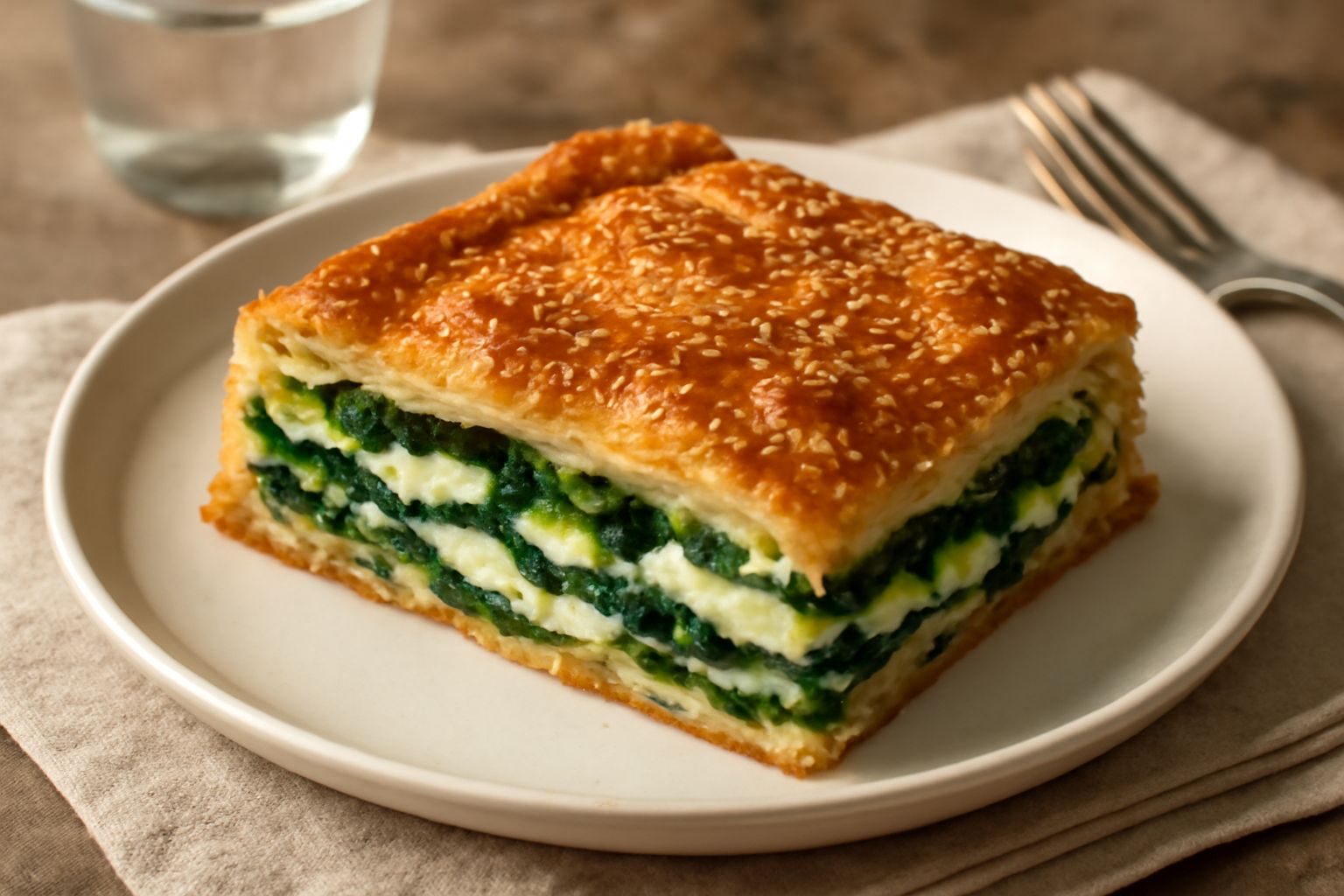 Sfoglia rettangolare dorata e croccante, divisa in quadrati, con ricotta e verdure verdi (spinaci o zucchine) visibili tra gli strati, guarnita con formaggio grattugiato, su un piatto bianco