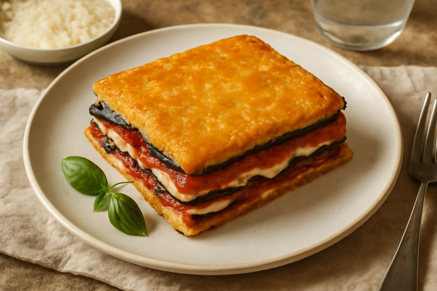 Sfoglia di melanzane tagliata in rettangoli dorati e croccanti, con strati visibili di melanzane fritte, pomodoro rosso e formaggio filante, servita su piatto bianco