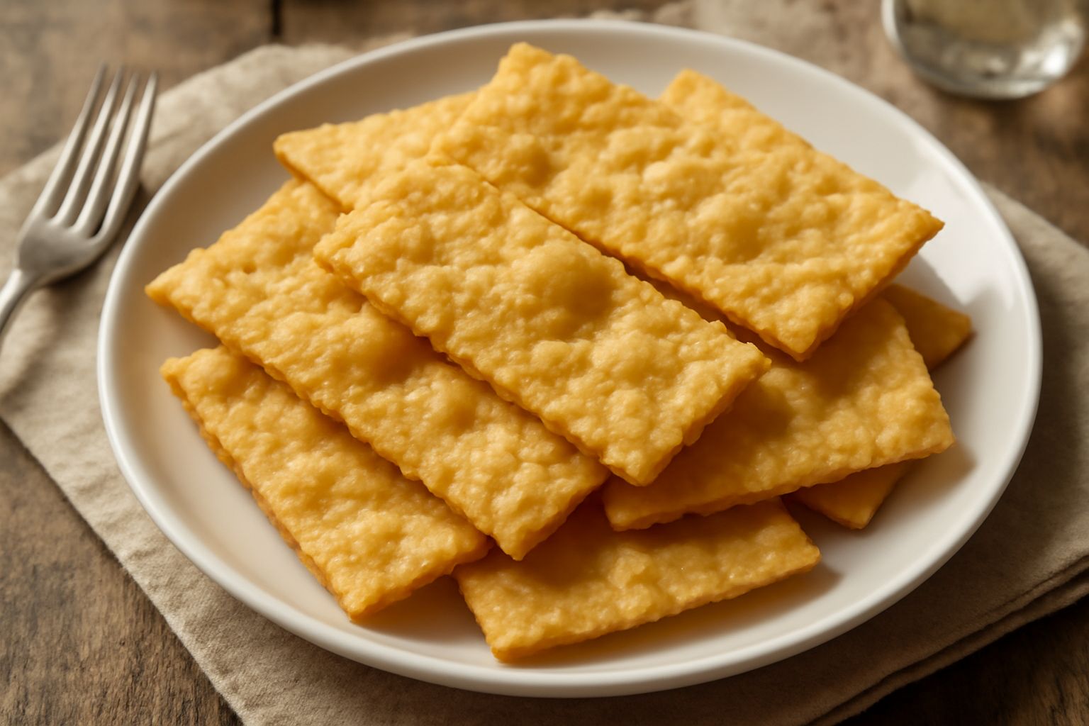 Sfoglia di pasta fritta dorata e croccante, tagliata a rettangoli, adagiata su carta assorbente bianca, con grani di sale grosso sparse in superficie