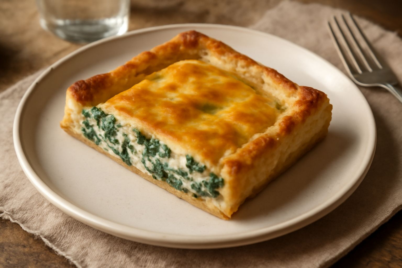 Sfoglia di ricotta e spinaci tagliata in quadrati dorati su un piatto bianco, con il ripieno verde e cremoso in vista, contornata da foglie di spinaci freschi