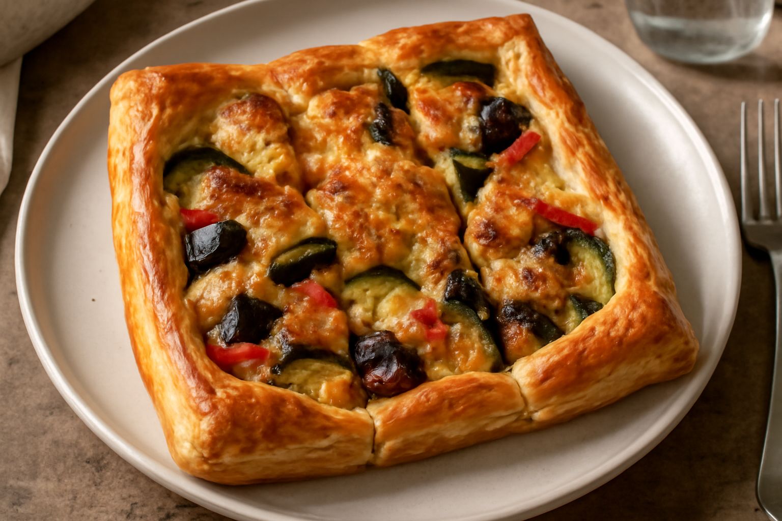 Sfoglia di verdure appena sfornata, dorata e croccante, con superficie rigatina e cime dorate, servita in piatto bianco con vapore ancora visibile
