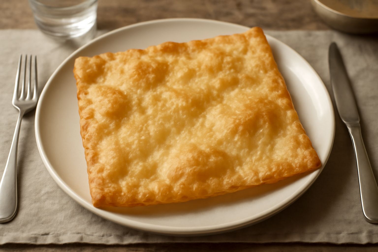 Sfoglia dolce tonda e dorata appena sfornata in una teglia rotonda, superficie liscia e leggermente rigonfia ai bordi, con una leggera doratura uniforme