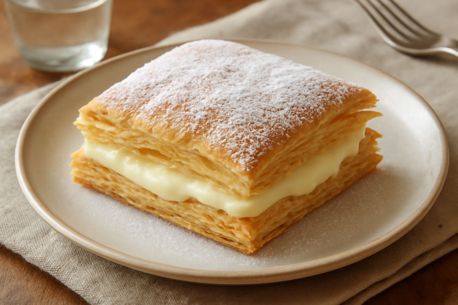 Sfoglia dolce ripiena con superficie dorata e croccante, ripiena di crema pasticcera bianca e fragole rosse fresche, impiattata su piatto bianco con zucchero a velo spolverato