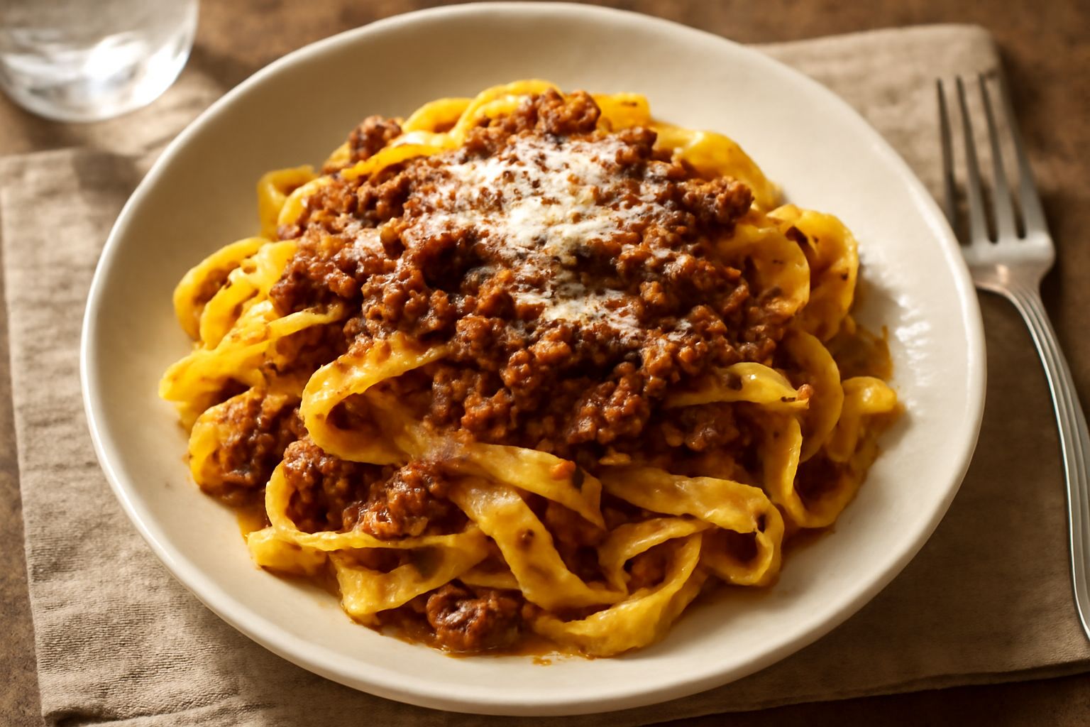 Piatto di sfoglia all'uovo condita con ragù di carne, guarnito con formaggio grattugiato, su fondo bianco. La pasta è giallo oro, il ragù marrone ricco, con una mano che aggiunge parmigiano.