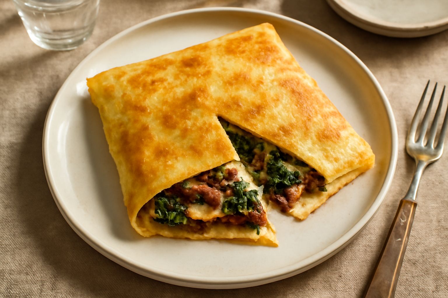 Sfoglia d'uovo ripiena quadrata, dorata e croccante, tagliata a metà per mostrare il ripieno di ragù marrone e formaggio fuso, servita su piatto bianco con contorno di insalata verde