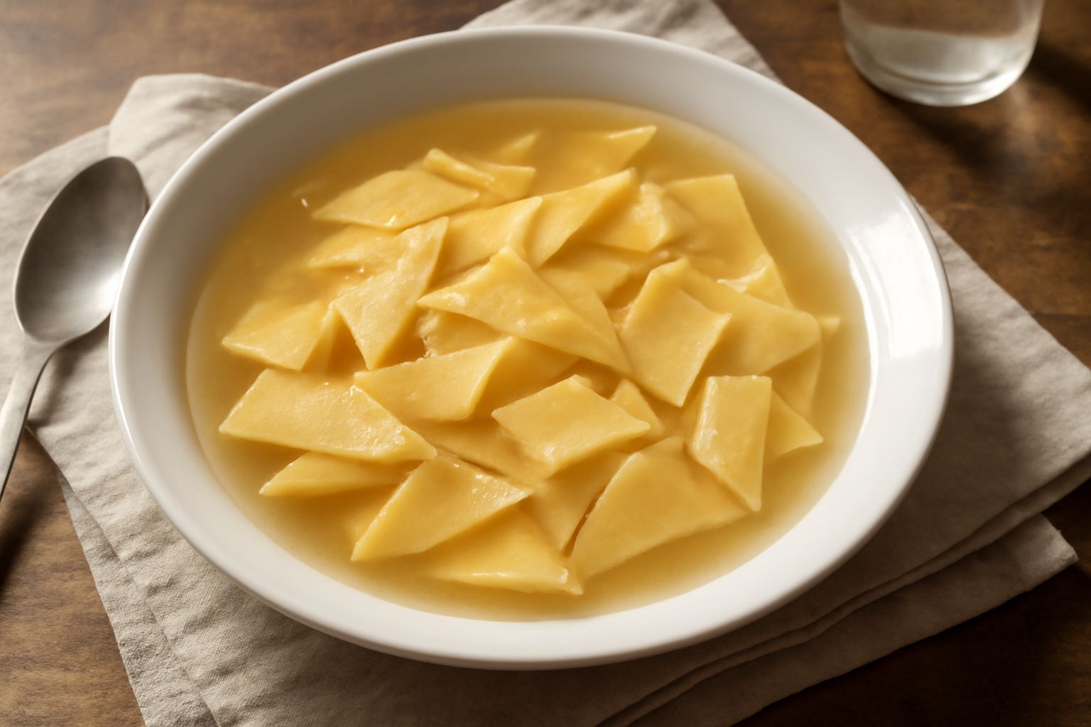 Una ciotola di brodo caldo con sfoglia in rombetti dorati, foglie di prezzemolo verde, vapore saliente, piatto bianco in primo piano, cucchiaio di legno appoggiato