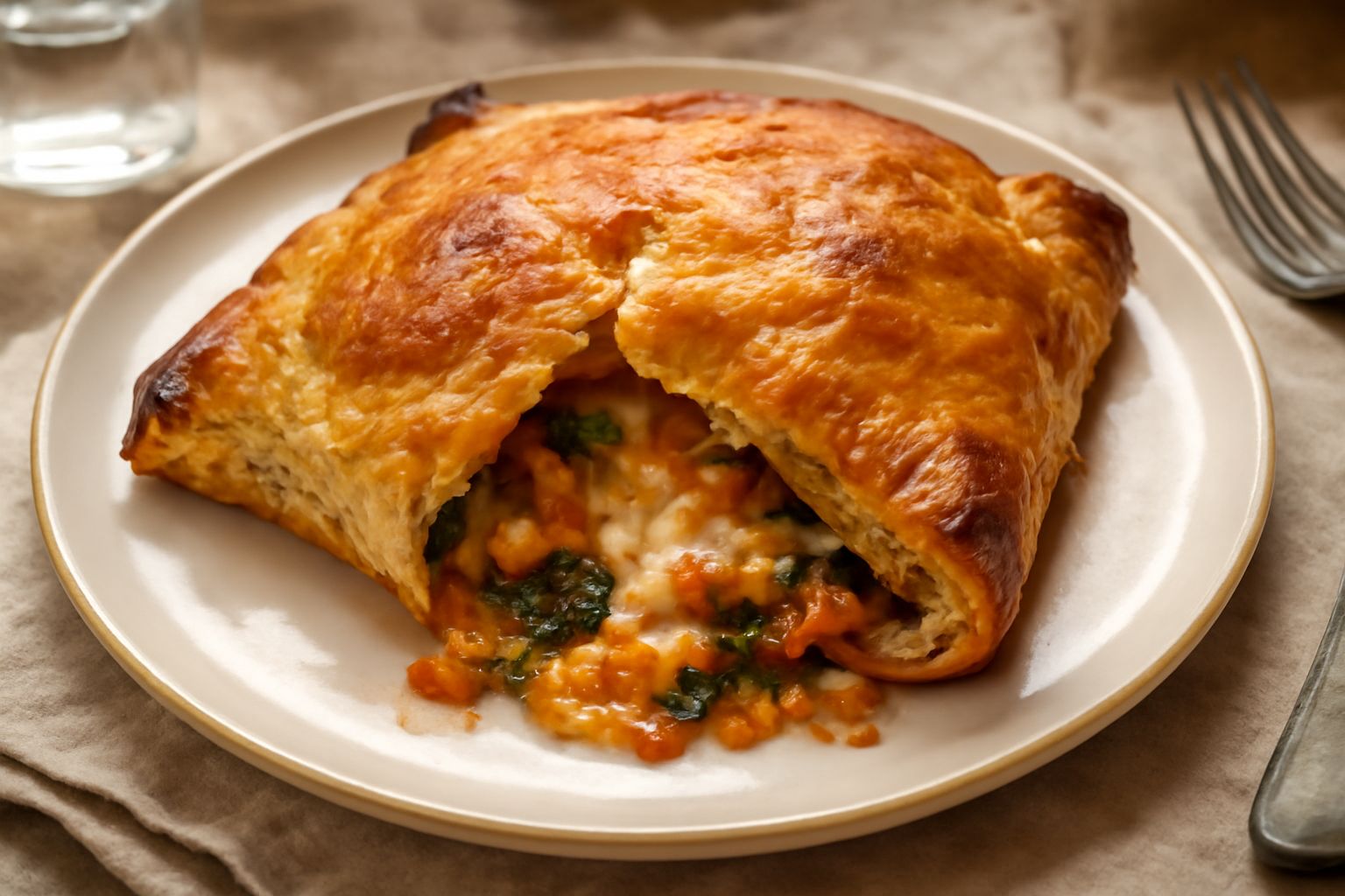 Sfoglia rettangolare dorata appena sfornata, croccante e gonfia, con ripieno che affiorata dai bordi, servita nel piatto bianco con contorno di rucola fresca